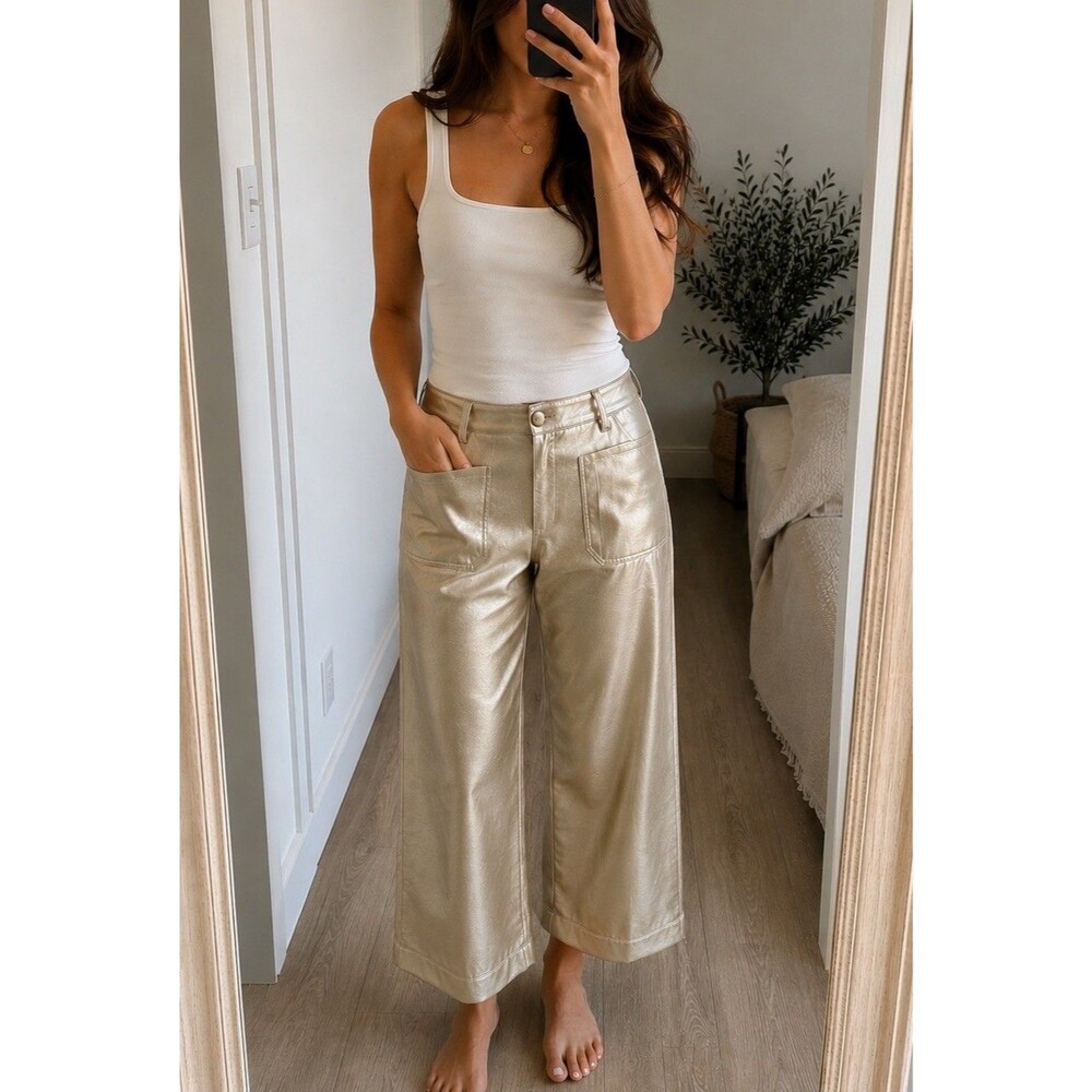 NWT CeCe Metallic Faux Leather Wide Leg Pants Soft Gold C331884Y Women's Size XL